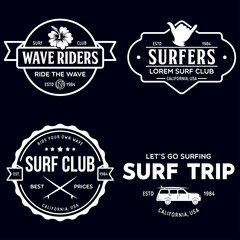 Naklejka premium Vintage Surfing Emblems for web design or print. Surfer logo templates. Surf Badges. Summer fun. Surfboard elements. Outdoors activity - boarding on waves.