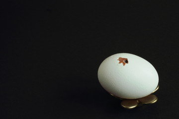 White egg with crack and black curious eye on metal stand in the shape of flower against dark background. Symbolic concept — the birth of new life. Minimal style with copy space.