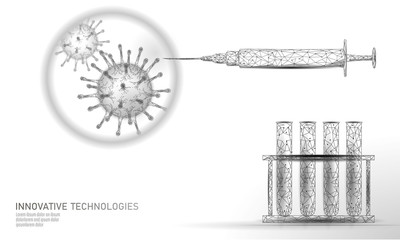 Low poly test tube virus syringe. Laboratory analysis medical disease infection treatment. Modern science technology medicine research banner template vector illustration
