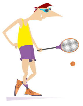 Young man playing tennis isolated illustration. Man with a tennis racket beats a ball isolated on white