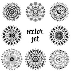 Floral radial frames vector set. Round monochrome wreaths for festive folk design.