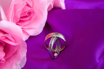 Beautiful Engagement Rings with Pink Roses on Colorful Background