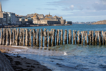 View of beach and old town of Saint-Malo. Brittany, France