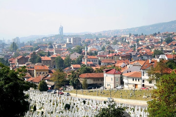 Aerial view of Sarajevo from Yellow Fortress on a sunny day.