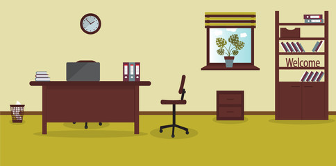 Interior of working place in the office on the light lime background. Vector illustration. Furniture: table, chair, cabinet with folders and books.Wall clock,monstera,window,bin. For advertising,sites