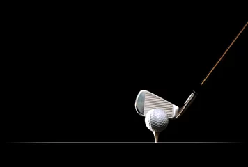Rolgordijnen Golf ball on the tee on plain black background  © trattieritratti