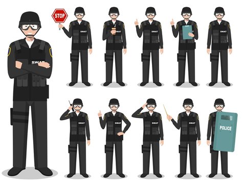 Police people concept. Detailed illustration of american policeman, sheriff, SWAT officer standing in different poses in flat style isolated on white background. Vector illustration.