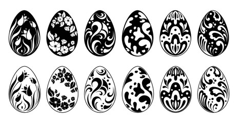 Happy Easter. Set of ornamental eggs. Black silhouette