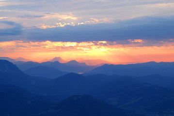 Naklejka na ściany i meble Sunset over the Salzkammergut, seen from the Traunstein
