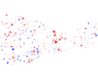 Flying red blue white star sparkles on white vector american patriotic background.