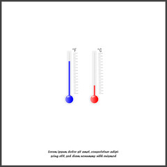 Vector thermometer shows cold and heat in Celsius and Fahrenheit. Meteorological thermometer red and blue colors  on white isolated background.