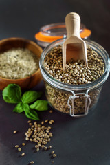 hemp seeds on the black background