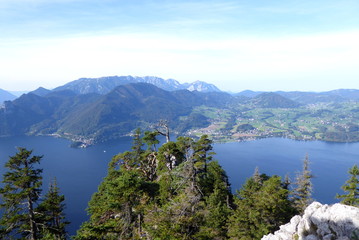 Panoramic view of the Traunsee and the Salzkammergut in Austria, taken from the Traunstein