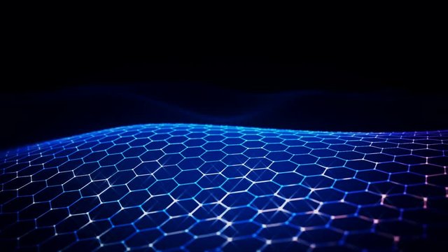 Abstract background with animation of waving surface from blinking hexagons. Technologic electricity backdrop. Seamless loop.