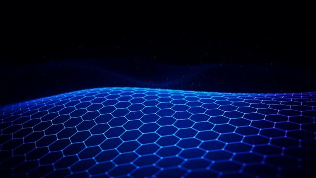 Abstract background with animation of waving surface from blinking hexagons. Technologic electricity backdrop. Seamless loop.