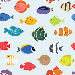 Seamless pattern with fishes. Hand drawn undersea world. Colorful artistic background. Aquarium. Can be used for wallpaper, textiles, wrapping, card, cover