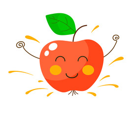 A cheerful apple with a smile and splashing juice in cartoon style on a white background