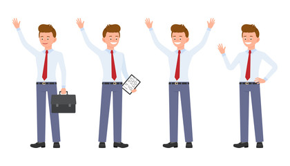 Young, handsome, happy office worker in formal wear waving, standing hands up, saying hello. Cartoon character design of cute, friendly adult man joyful, carefree emotional concept - Vector