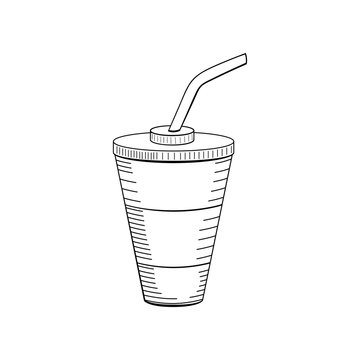 Hand drawn drink in paper cup illustration. Doodle art. Food icon.