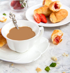 French Breakfast with Croissants Strawberry Coffee