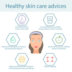 Tips for skin care face. Care for healthy skin face. Infographics on face skin care. Vector illustration.