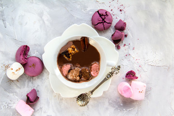 Obraz na płótnie Canvas Dessert Cup cocoa with macaroons