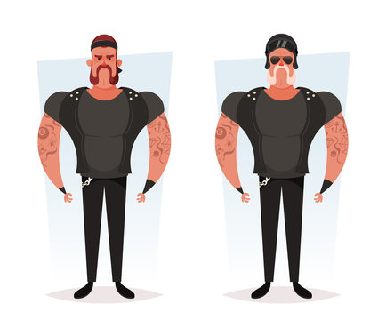 Funny Cartoon Characters - Strong Bikers. Vector Illustration