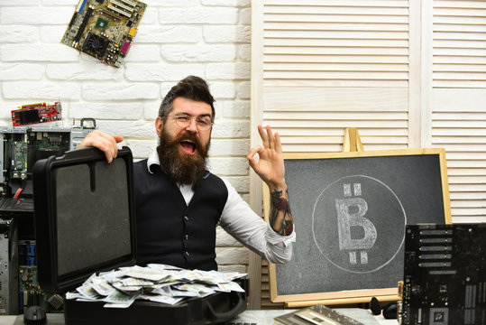 Feeling okay. From paper money to crypto currency. Bearded man with cash money. Business man in server room. Bearded hipster with bitcoin symbol and dollars. Bitcoin for business