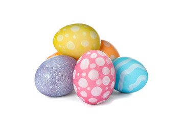 Different decorative Easter eggs isolated on white background. Festive tradition