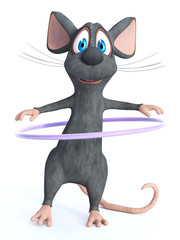 3D rendering of a cartoon mouse playing with a hula hoop.