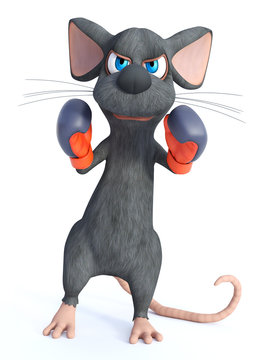 3D rendering of a cartoon mouse wearing boxing gloves.