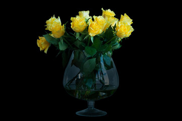 Yellow roses in a glass vase isolated on back background