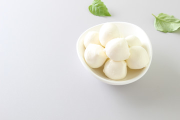 mozzarella cheese on a light gray basil background