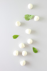 mozzarella cheese on a light gray basil background