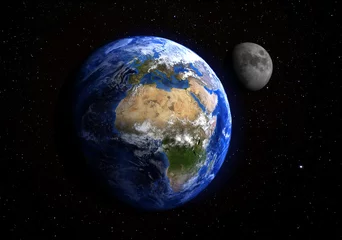 Foto auf Glas Die Erde und der Mond aus dem Weltraum zeigen Europa und Afrika. Sterne im Hintergrund. Elemente dieses von der NASA bereitgestellten Bildes © marcel