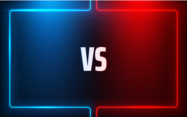 Versus - confrontation, red and blue background with neon frame and VS sign.