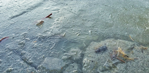 Lake surface getting icy background. Icy backround pattern. Lake surface getting icy in winter 