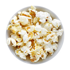 Popcorn in bowl isolated on white background