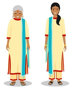 Set of standing together old and young indian woman in the traditional clothing isolated on white background in flat style. Different people in the east dress. Vector illustration.