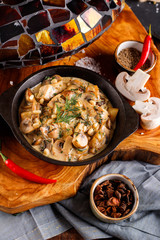 Mushrooms in cream sauce, julienne, champignon, products for cooking