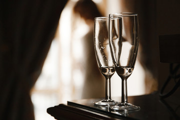 Empty glasses of champagne on the table