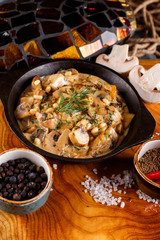 Mushrooms in cream sauce, julienne, champignon, products for cooking