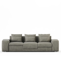 Three-seater sofa with pillows on a white background front view 3d rendering