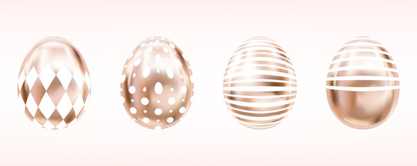 Four glance metallic eggs in pink color with white rumb, dots and stripes. Isolated objects for Easter