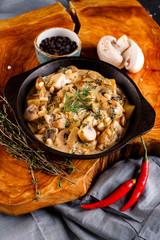 Mushrooms in cream sauce, julienne, champignon, products for cooking