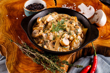 Mushrooms in cream sauce, julienne, champignon, products for cooking