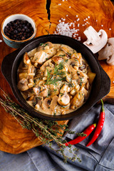 Mushrooms in cream sauce, julienne, champignon, products for cooking