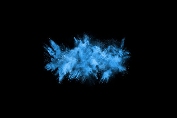Blue powder explosion on black background. Colored cloud. Colorful dust explode. Paint Holi.