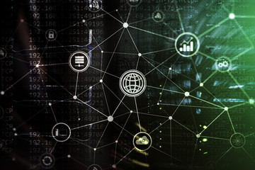 ICT - information and telecommunication technology and IOT - internet of things concepts. Diagrams with icons on server room backgrounds.