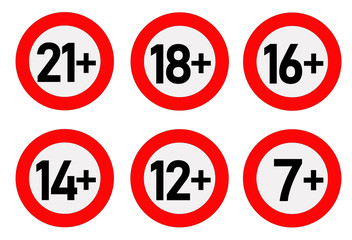 Set of age limit signs. Vector signal, only older than 7, 12, 14, 16, 18, 21 years old. Prohibited under X years, forbidden or restriction concept.